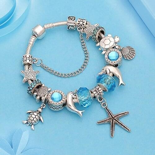 Leabyl Euroean & American Blue Sea Series Animal Bead Bracelet Silver Color Starfish Shell Turtle Charm Bracelet DIY Jewelry
