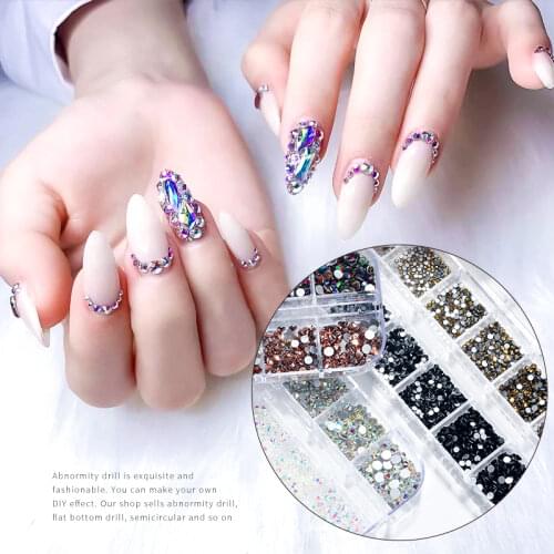 LEAMX 12 Grids about 1440 Ultra-flashing Luxury Mixed Flat-bottom Diamonds AB Diamonds Luminous Stone Charm Nail Accessories Hot