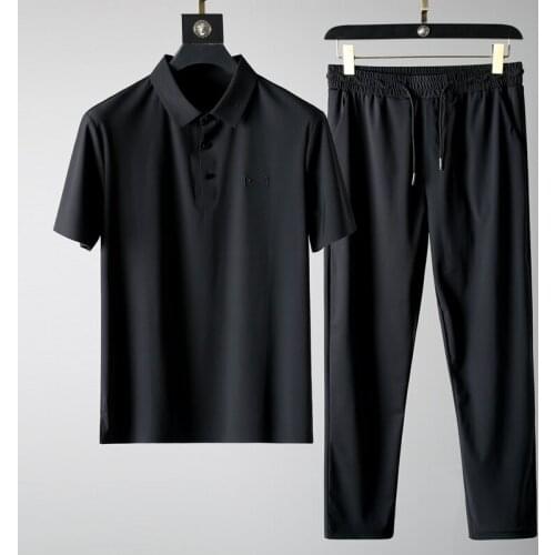 2021 Ice silk casual suit mens new summer 2021 Lapel short sleeve T-shirt pants fashion two piece summer suit