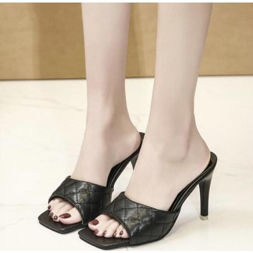Summer Women Mules Design slippers Sandals Square sole slides High heel 9CM Women shoes Summer Woman size 35-43