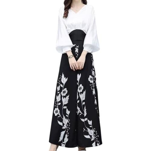 Sexy V neck lantern sleeve chiffon blouse and high waist wide leg pants women 2 piece summer sets