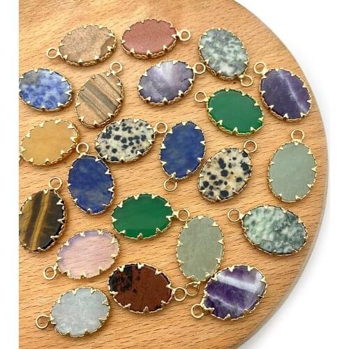 5pcs/pack Oval Shape Natural Semi-precious Stone Pendants Charms Agate Tiger Eye Rose Quartz DIY for Making Necklace 13x23mmsize