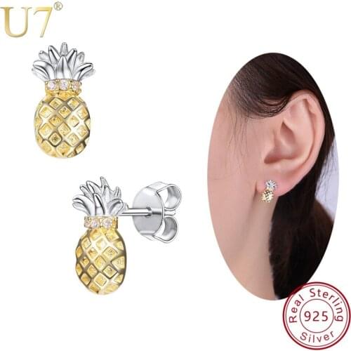U7 925 Sterling Silver 3D Pineapple Earrings Tropical Fruit Stud Earring Cute Sweet Women Lovely Jewelry Best Friend Gift SC142