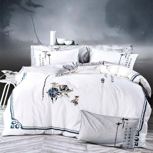 Grey White Embroidered Cow boy Bedding Set Washed Cotton Soft Bed Sheet Pillowcase Duvet Cover 4PCS for Home