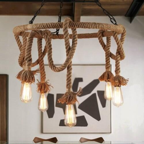Vintage Industrial Hemp Rope Wrought Iron Circle Chain Pendant Light, 3/6 Heads AC E27 110 / 220V Hanging for Edison Bulbs