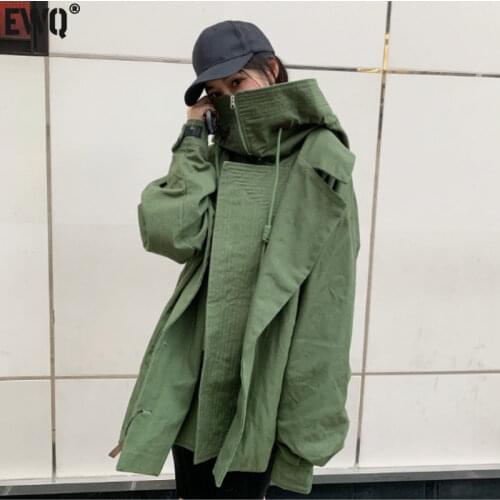 [EWQ] 2021 Autumn Jacket New Turtleneck Long Sleeve Women 1 Outerwear Army Green Coats Safari Style Trendy Ladies Coat