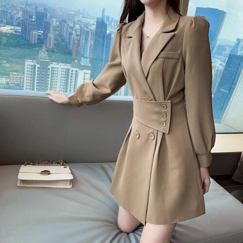 Dresses Women Slim Black V-Neck Botton Bodycon Office Dress Elegant Suit Korean Windbreaker Vestidos Vintage A-line Mini Dress