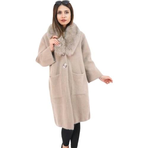 Casual Long Knitted Cardigan collar real fox fur Women Vintage Loose Sweater Coat Solid Oversized Jumper Outerwear Autumn Winter