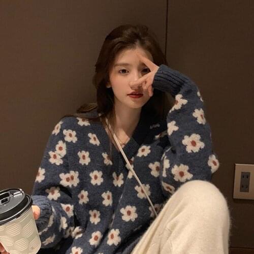 Oversize Japanese sweater women floral Pullovers Women v-neck chic 2021 sweater long sleeve sweater top jersey mujer