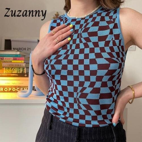 Zuzanny 2021 Vintage Crop Top Women Sleeveless Y2K Knit Summer Casual Vest Brown O Neck Patchwork Off Shoulder Sexy Tank Tops