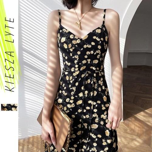 Elegant floral strap dress for women summer 2020 sexy french vintage v neck sleeveless spaghetti strap high waist dresses