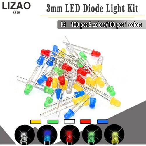 100PC/Lot 5MM F3 3mm LED Diode Light Assorted Kit Green Blue White Yellow Red COMPONENT DIY kit