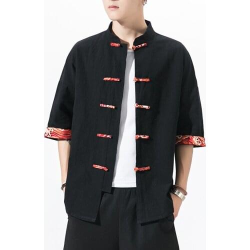 2021 New Mens Cotton Linen Shirt Men Three Quarter Sleeve Black Harajuku Clothes Male Fashion Shirt Big Size Blouse 5XL