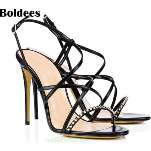 Boldees Punk Style Rivets Sandals Women Genuine Leather Gladiator Sandals Cool Ladies High Heel Shoes Woman Open Toe