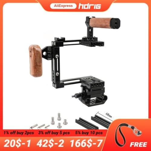 HDRIG Adjustable Half Camera Cage Kit with Manfrotto Quick Release Plate 15mm Railblock Base Wooden Handgrip for Canon Sony