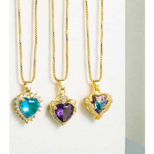 Creative Inlaid Multicolor Heart-shaped Crystal Pendant Necklaces Retro Simple Clavicle Chain Ladies Party Girls Fashion Jewelry
