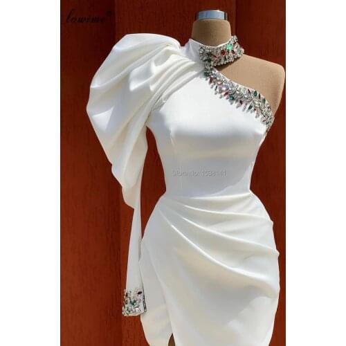 Muslim White Evening Dresses 2020 One Shoulder Elegant Formal Evening Gowns Crystals Prom Dresses Women Party Night Robes Custom