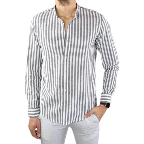 Men linen shirt collar Korean Slim Fit striped black long sleeve summer shirts elegant
