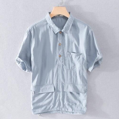 912 Men Cargo Shirts Summer Korean Style Loose Multi-Pocket Short Sleeve Lapel Fashion Trendy High Quality Student Youth Tops