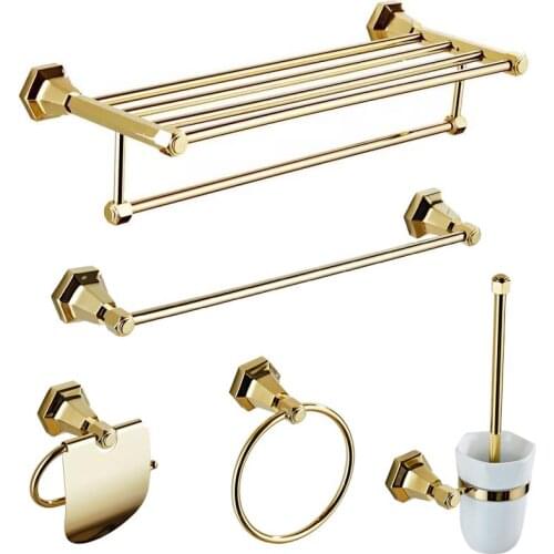 Solid Brass Bathroom Hardware Set Wall Mounted Polished Gold Towel Rack Set Wall Toothbrush Holder Bathroom Corner Shelf Hook