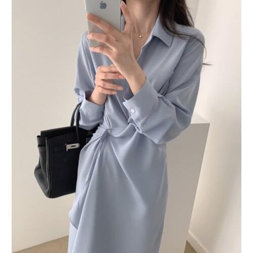 Irregular shirt dress button long sleeve spring and autumn French mid-length elegant blue black robe Korean office ladies