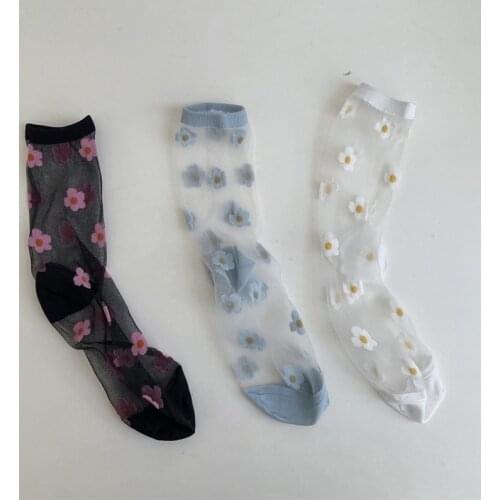 Women Socks Summer Ultra-thin Transparent Crystal Silk Sock Korean Floral Print Harajuku Retro Girls Kawaii Cute Socks