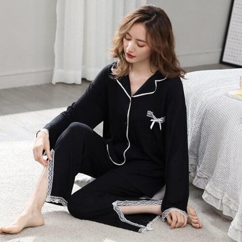 New Modal Elegant Womens Pajamas Set Spring Summer Ladies Sleepwear Lapel Long Sleeve Trousers Home Suit Pijama Mujer M-3XL