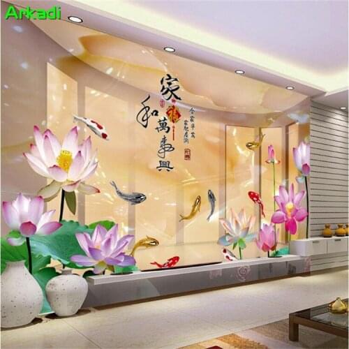 Custom size 3d lotus lotus carp wallpaper glazed colored gold-plated jade carving lotus landscape decorative painting TV wall