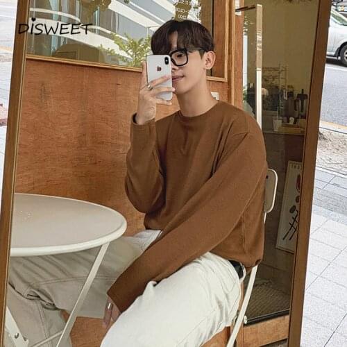 Casual Solid Round Neck Long Sleeve T-shirt Boy Korean Slim Autumn Mens Loose Top 2020