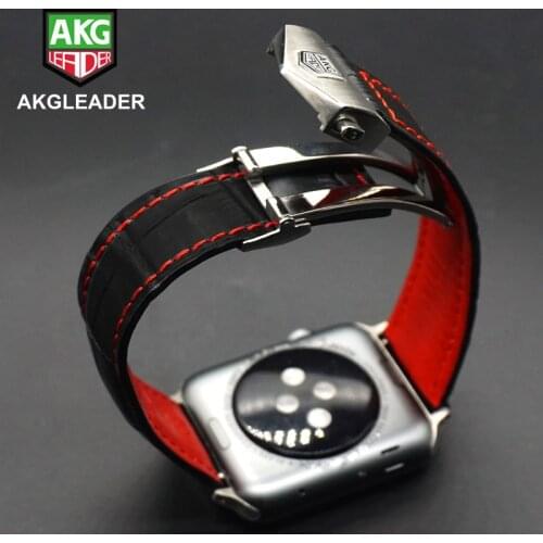 AKGLEADER Watch Band For Apple Series 5 4 40/44mm Genuine Leather Wrist Strap Folding Buckle Bracelet For Apple iWatch 3 2 42mm