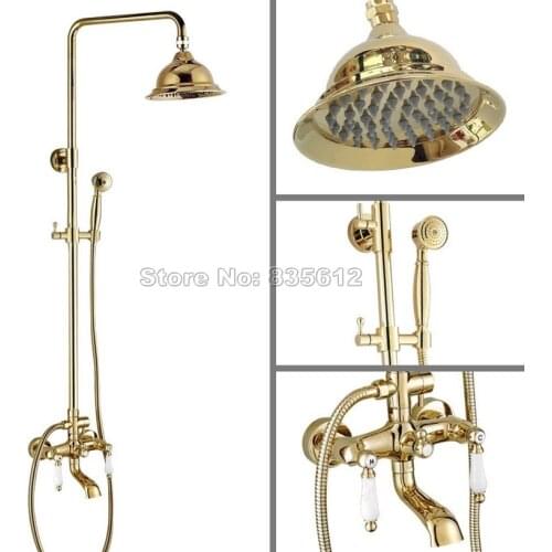 Luxury Gold Color Brass Rain Shower Faucet Set W/ Handheld Shower Bathroom Wall Mounted Dual Handles Bathtub Mixer Tap Wgf366