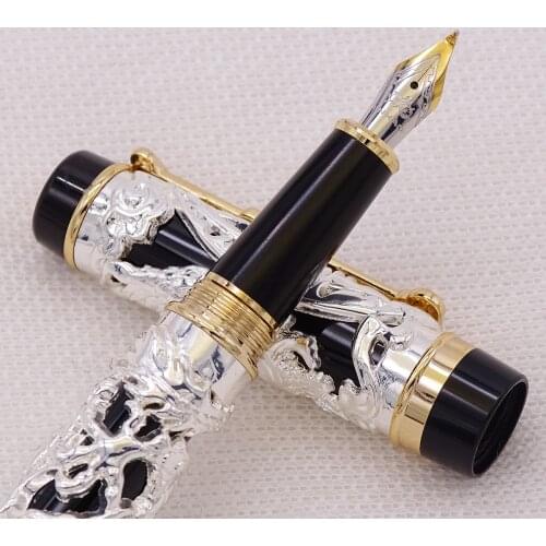 Jinhao Dragon Phoenix Vintage Luxury Calligraphy Pen Fountain Pen Bent Nib Full Metal Silver & Black Carving for Art Office Gift