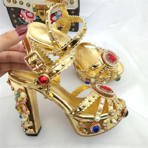 Genuine Leather Gold Platform Sandals Shoes Designer Brand Diaomnd Ankle Strap High Heels Shoes Lady Rhinestone Sandals Pump