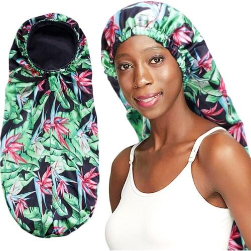 Women Elastic Printed Flower Satin Sleep Hat Double Layer Adjustable Long Bonnet Night Cap Hair Care Bonnet Chemo Cancer Hat