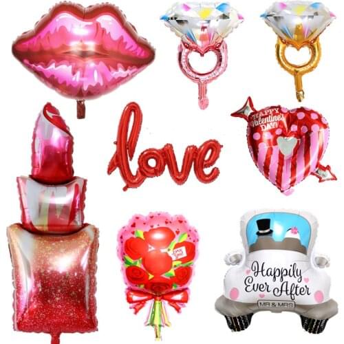 Wedding Birthday Party Anniversary Decoration Girl Lipstick Diamond Ring Lips Kiss Aluminum Foil Balloon Love Heart Rose Ball