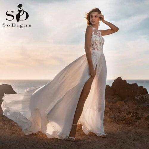 SoDigne Beach Wedding Dresses 2021 Bohemian Simple Ivory Lace Appliques Corset Wedding Gown Sexy Split Chiffon Bridal Gowns