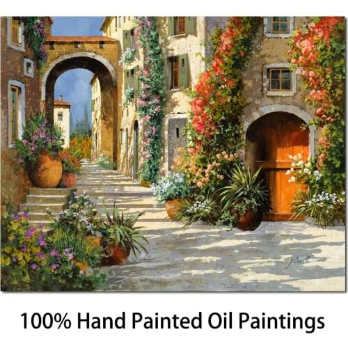 Hand painted oil painting Italian garden village the Red Door On Salita modern Landscapes art canvas home decor High quality
