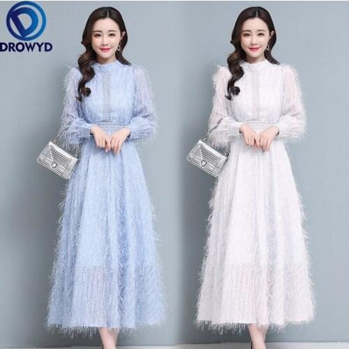 2021 Spring and Autumn Fashion Long Sleeve Maxi Dress for Women Fashion Boho Thick White O-neck Elegant Bodycon Party Vestidos