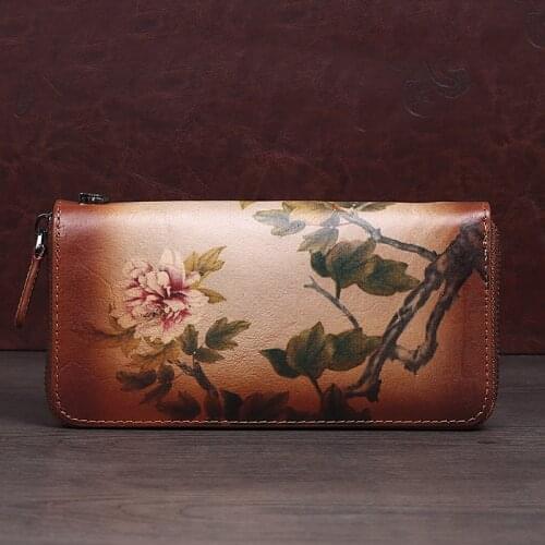 High Quality Long Wallets Clutch Female Money Bags New Floral Cards Holder Floral Retro Women Genuine Leather Purse Zipper Bag
