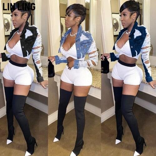 LINLING Hollow Hole Womens Mini Lapel Button Pocket Decoration Long Sleeve Sexy Personality Denim Jacket