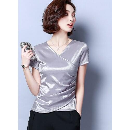 Womens Elegant Blouse Summer with Short Sleeve Plus Size Basic Women Blouses Satin Silk Beautiful Blouse Folds for Women