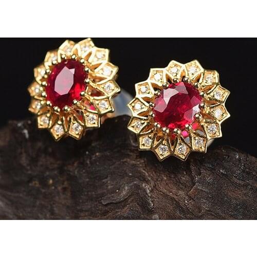Fashion delicate flower red crystal ruby gemstones diamonds stud earrings for women 18k gold color jewelry brincos bijoux gifts