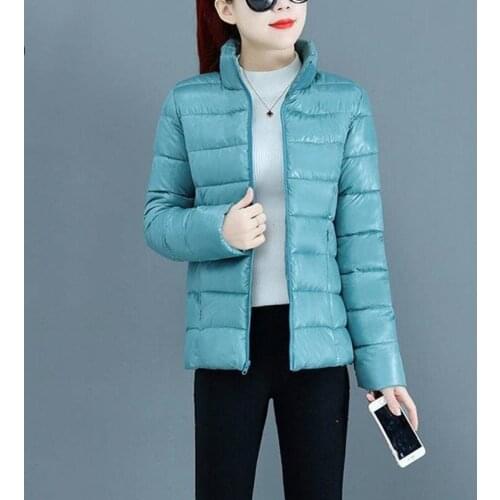 Winter Cotton Womens Down Jacket Stand Collar Long Sleeve Cardigan Pockets Zipper Slim Solid Vogue Streetwear Down Jacket