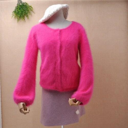 Ladies women short style hairy fluffy mink cashmere knitted long sleeves slim cardigans angora rabbit fur jacket coat sweater