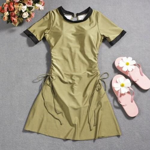 2021 Women Solid One Piece Swimwear Short Sleeve Bathing Suit Swimming Beachwear Swim Beach Dress Summer Sexy Swimsuit Swimdress