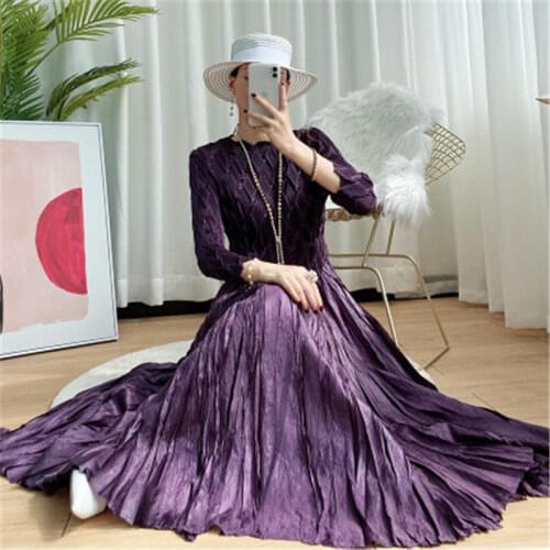 Pleated dress female 2020 autumn new heavy industry Miyake handmade pleated long-sleeved stretch slim female dress dressVestidos
