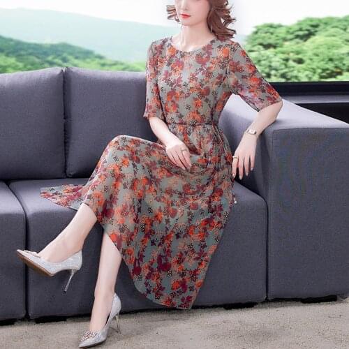 3XL Plus Size Floral Mulberry Silk Beach Dress 2021 Summer Vintage Print Chiffon Midi Dress Women Elegant Bodycon Party Vestidos