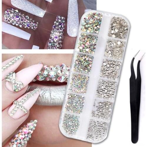 12 Grid/box of AB Crystal Rhinestone Diamond Gem 3D Glitter Nail Art Decoration Beauty Colorful Back Shiny 3D Nail Art Ornament