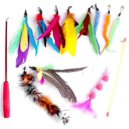 12Pcs Cat Interactive Toys Stick Feather Wand With Small Bell Toys Plastic Artificial Colorful Cat Teaser Toy Pets Supplies