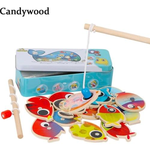 14 Fishes + 2 Fishing Rods Wooden Children Toys Fish Magnetic Pesca Play Fishing Game Tin Box Kids Educational Toy Boys Girl